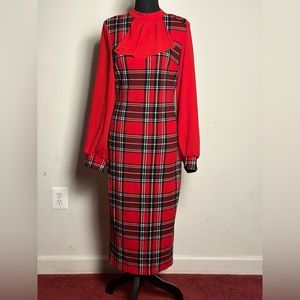 Plaid Print Ruffle Front Lantern Sleeve Bodycon Dress